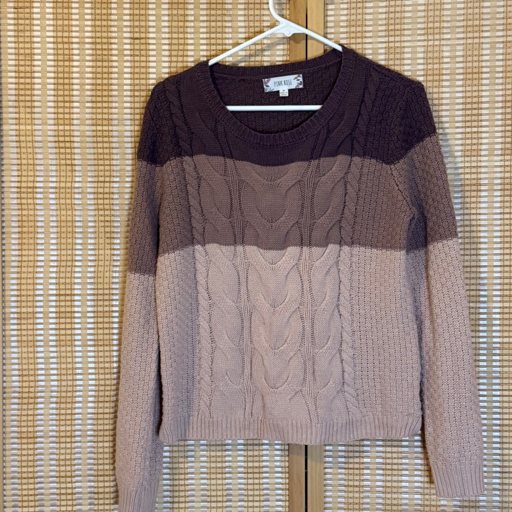 Pink Rose Women Purple Colorblock Cable Knit Sweater Crew Neck M Preppy Luxury